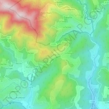 Topografische kaart Joux, hoogte, reliëf