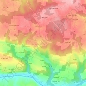 Topografische kaart Keryvon, hoogte, reliëf