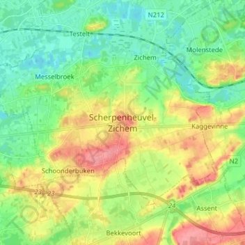 Topografische kaart Scherpenheuvel-Zichem, hoogte, reliëf