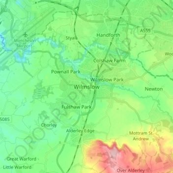 Topografische kaart Wilmslow, hoogte, reliëf