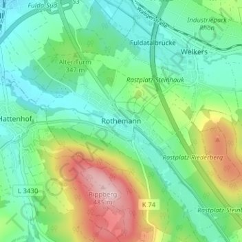 Topografische kaart Rothemann, hoogte, reliëf