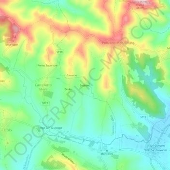 Topografische kaart Sogliano, hoogte, reliëf