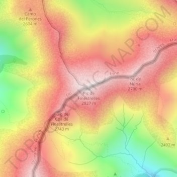 Topografische kaart Pic de Finestrelles, hoogte, reliëf