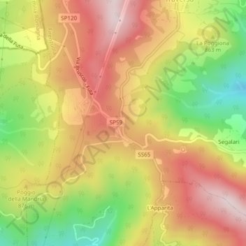 Topografische kaart Passo della Futa, hoogte, reliëf