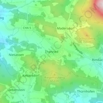 Topografische kaart Thenried, hoogte, reliëf
