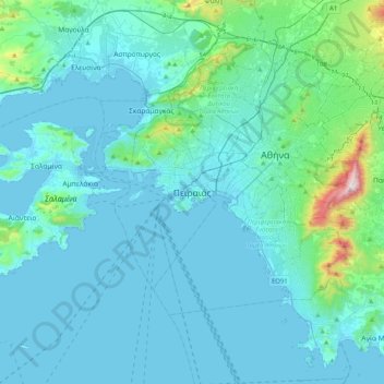 Topografische kaart Piraeus, hoogte, reliëf