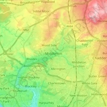 Topografische kaart Middleton, hoogte, reliëf