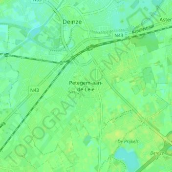 Topografische kaart Petegem-aan-de-Leie, hoogte, reliëf