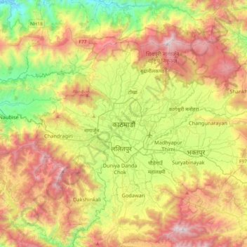 Topografische kaart Kathmandu, hoogte, reliëf