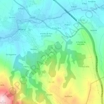 Topografische kaart Nanín, hoogte, reliëf