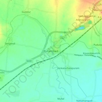 Topografische kaart Pullambadi, hoogte, reliëf