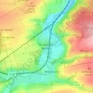 Topografische kaart Bischleben-Stedten, hoogte, reliëf