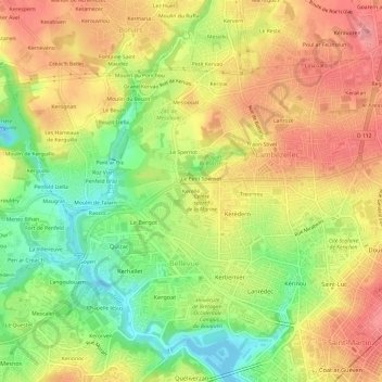 Topografische kaart Kerellé, hoogte, reliëf