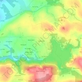 Topografische kaart Kerfeonwez, hoogte, reliëf
