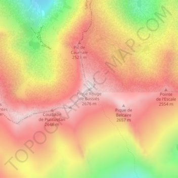 Topografische kaart Pique Rouge de Bassiès, hoogte, reliëf