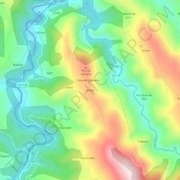 Topografische kaart Drada, hoogte, reliëf