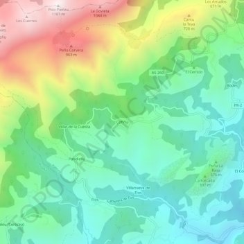 Topografische kaart Cofiño, hoogte, reliëf