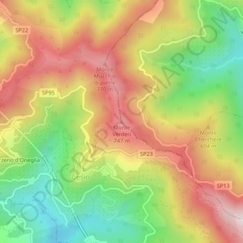 Topografische kaart Monte Verderi, hoogte, reliëf