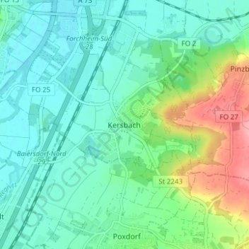 Topografische kaart Kersbach, hoogte, reliëf