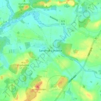 Topografische kaart Sandholt Lyndelse, hoogte, reliëf