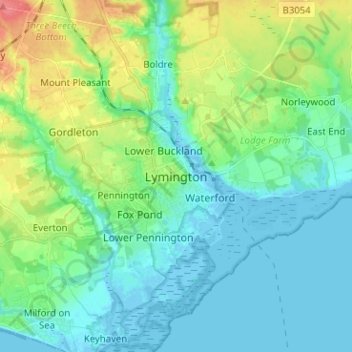 Topografische kaart Lymington, hoogte, reliëf