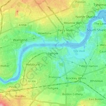 Topografische kaart Jarrow, hoogte, reliëf