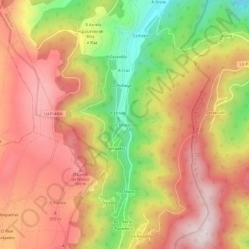 Topografische kaart O Mosteiro, hoogte, reliëf