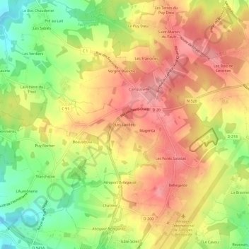 Topografische kaart Les Landes, hoogte, reliëf