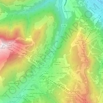 Topografische kaart Les Nants, hoogte, reliëf