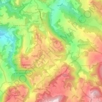 Topografische kaart Rocca Malatina, hoogte, reliëf
