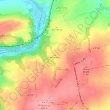 Topografische kaart Mühlberg, hoogte, reliëf