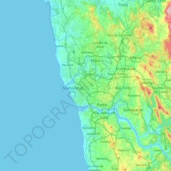 Topografische kaart Senhora da Hora, hoogte, reliëf