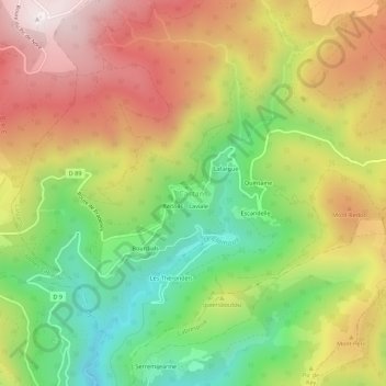 Topografische kaart Castans, hoogte, reliëf