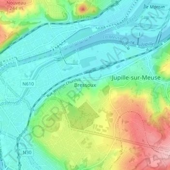 Topografische kaart Bressoux, hoogte, reliëf