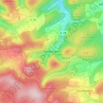 Topografische kaart Hüddingen, hoogte, reliëf
