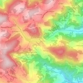 Topografische kaart Yzeron, hoogte, reliëf