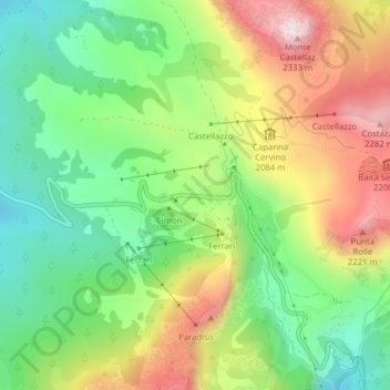 Topografische kaart Passo Rolle, hoogte, reliëf
