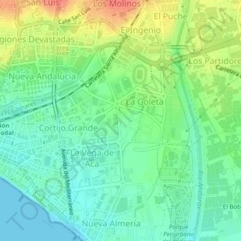Topografische kaart Vega de Acá, hoogte, reliëf