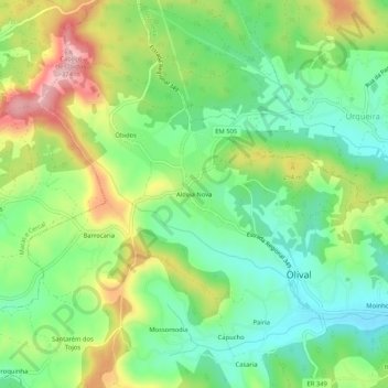 Topografische kaart Aldeia Nova, hoogte, reliëf