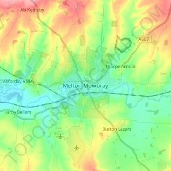 Topografische kaart Melton Mowbray, hoogte, reliëf