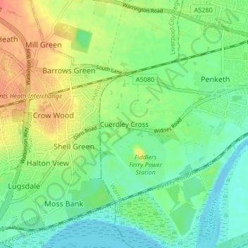 Topografische kaart Cuerdley Cross, hoogte, reliëf