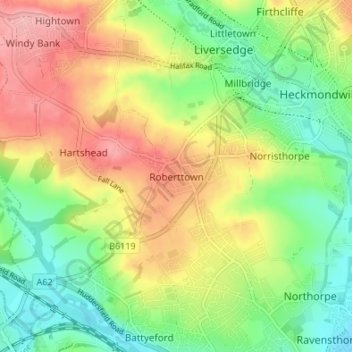 Topografische kaart Roberttown, hoogte, reliëf