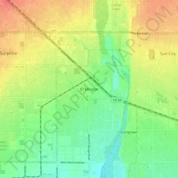 Topografische kaart El Mirage, hoogte, reliëf