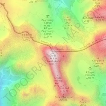 Topografische kaart Croda dei Toni, hoogte, reliëf