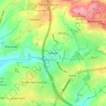 Topografische kaart Hilcote, hoogte, reliëf