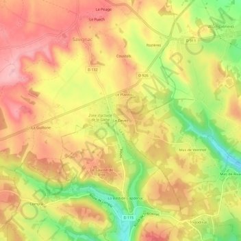 Topografische kaart Le Devez, hoogte, reliëf