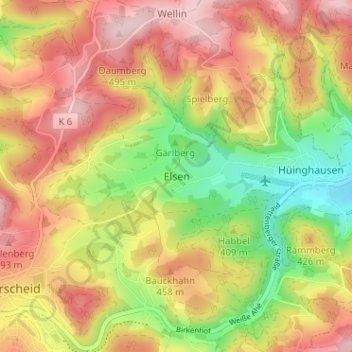 Topografische kaart Elsen, hoogte, reliëf
