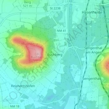Topografische kaart Buchberg, hoogte, reliëf