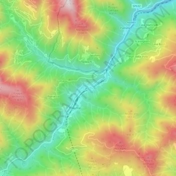 Topografische kaart Pracchia, hoogte, reliëf