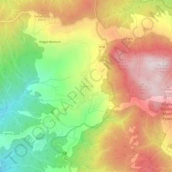 Topografische kaart Selvena, hoogte, reliëf